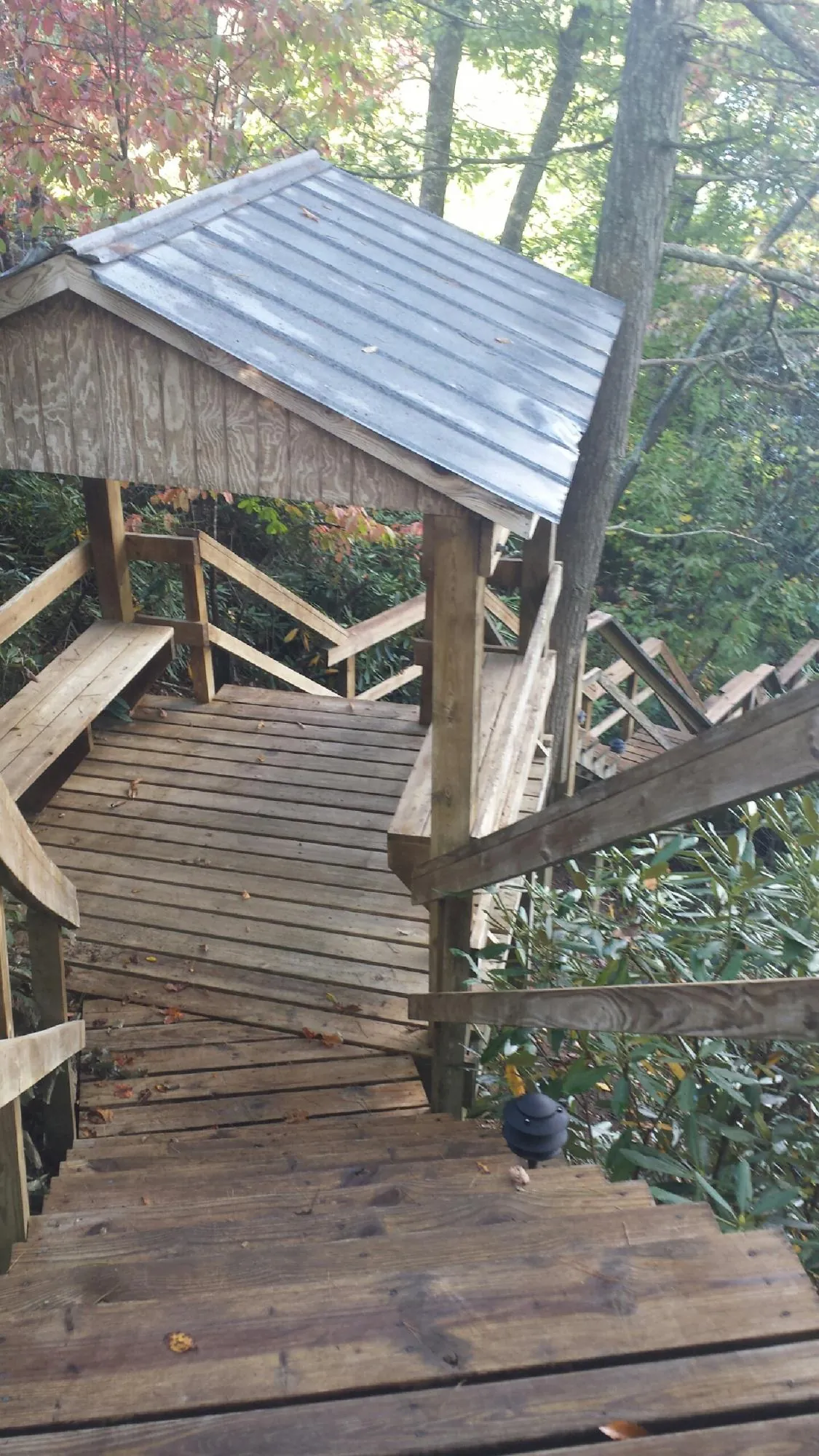 Metal roofed shelter over wooden steps on a wooded walkway — Skylight Repair & Installation work by our crew in Guinda
